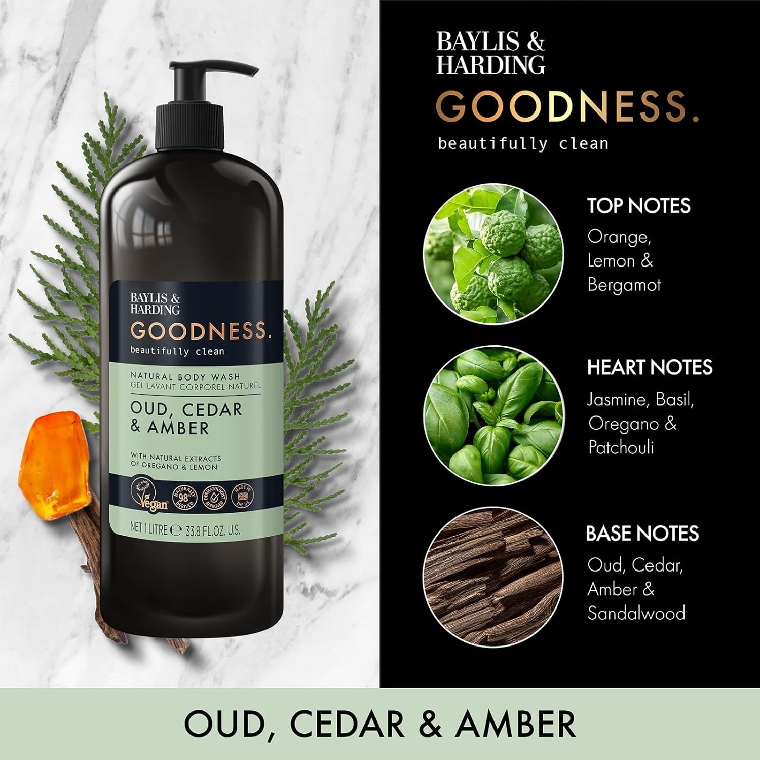 Baylis & Harding Body Wash Duo Oud Cedar Amber & Rose Geranium – 2 x 1L