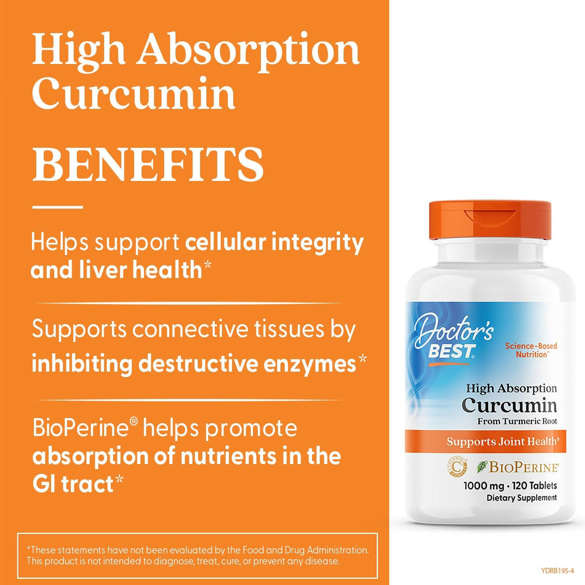 Doctor's Best High Absorption Curcumin, bottle packaging, unflavoured, 1000mg, 120 tablets, daily dietary supplement use
