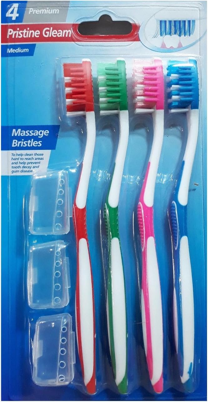 Front image: Pristine Gleam medium toothbrush pack plastic handle nylon bristles multicolor 4 pack