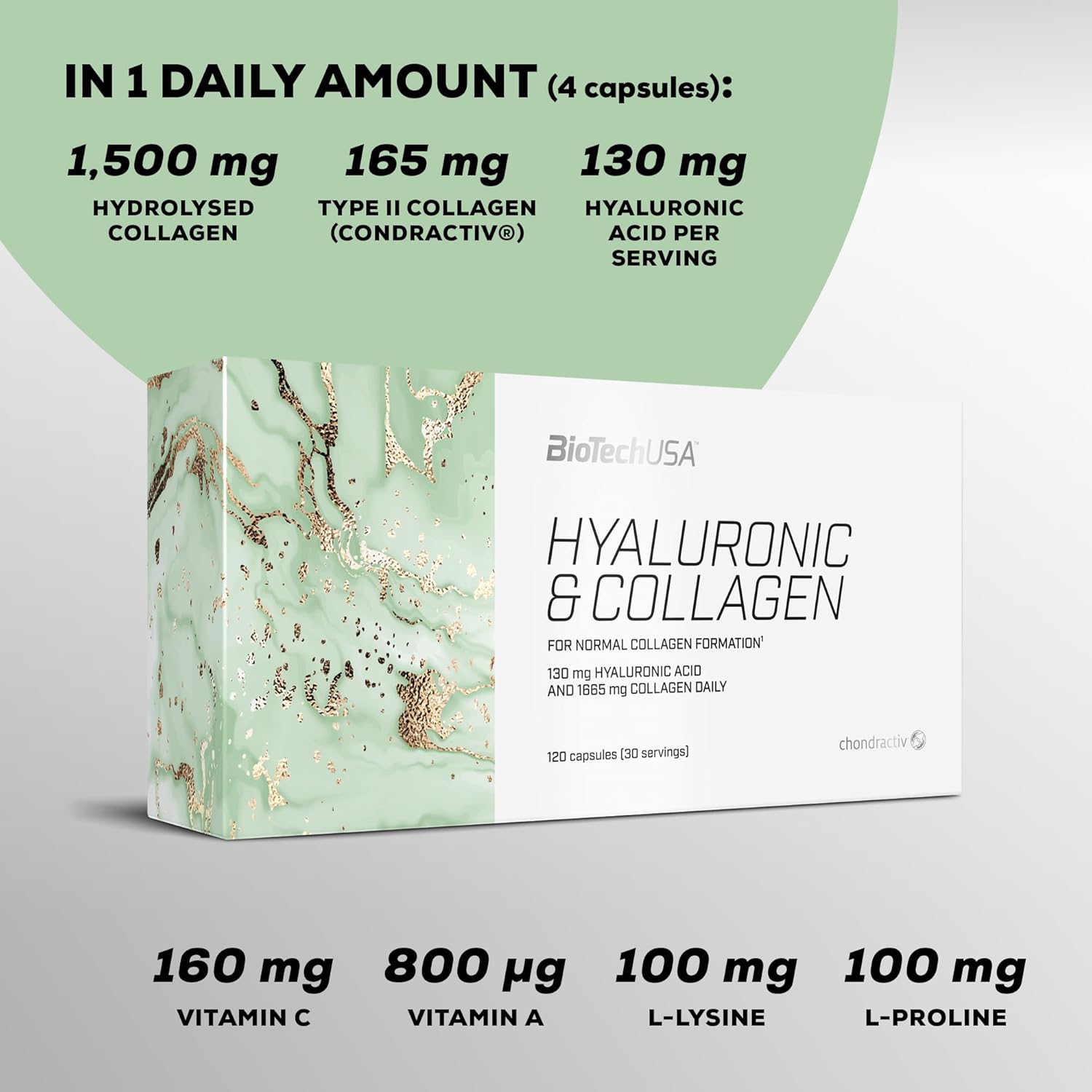 BioTechUSA Hyaluronic and Collagen capsules supplement bottle back label 120 count quantity
