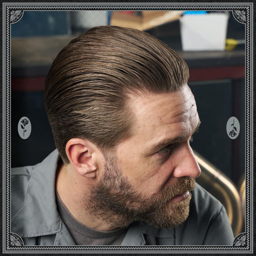 Lifestyle/use image: Uppercut Deluxe Resin and Rose Pomade 100g classic men hairstyle styling routine