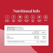 Novomins Iron Gummies 20mg with Vitamin C Strawberry 60 Count nutritional info vitamins panel