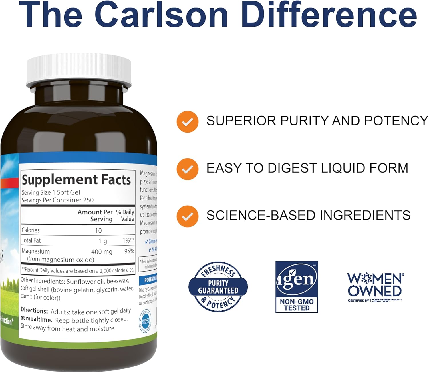Supplement facts & ingredients image: Carlson Magnesium 400 mg supplement facts softgels bottle 250 count