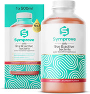 Symprove Liquid Probiotic Strawberry Raspberry Flavour 500ml bottle live active bacteria supplement front view