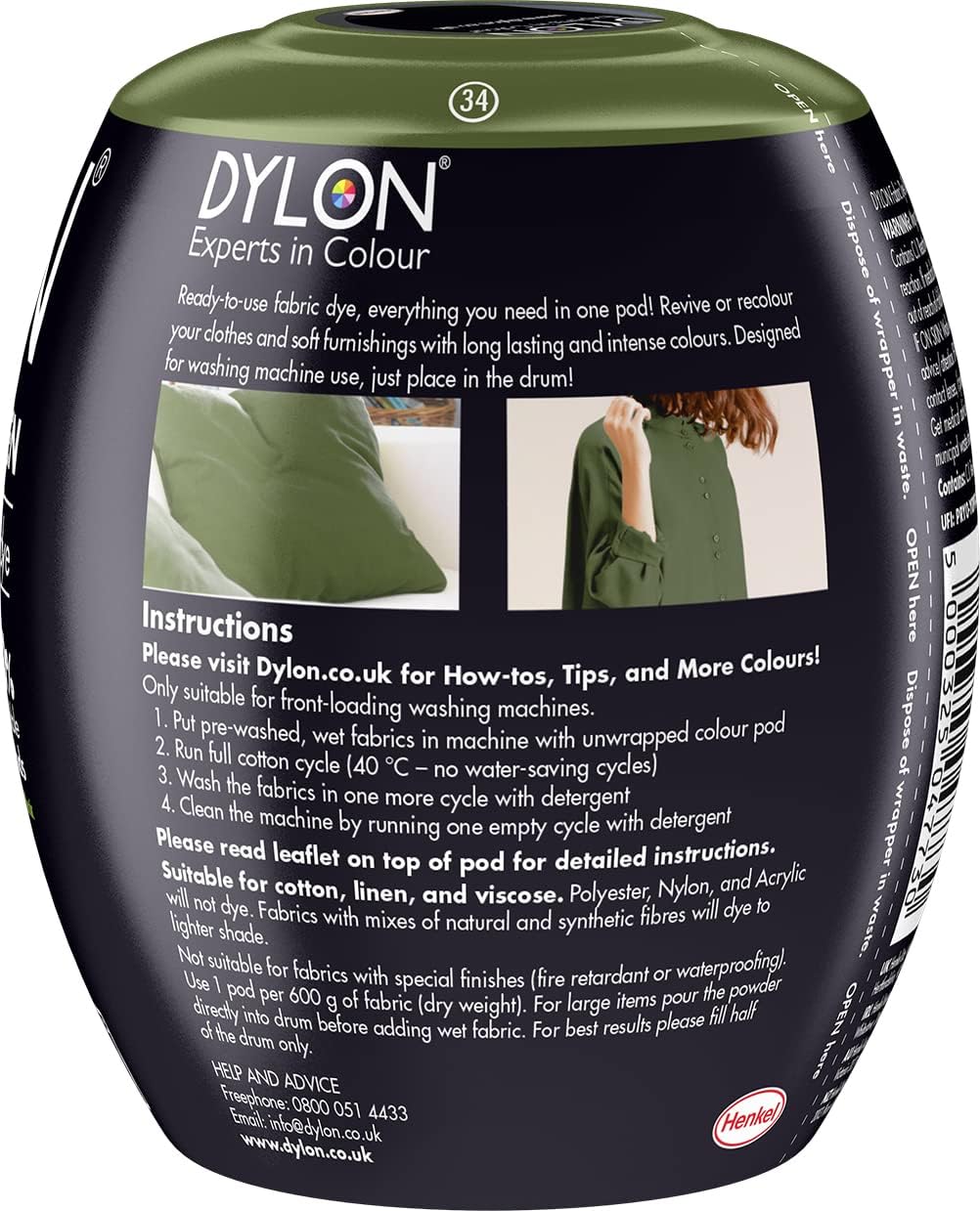 Dylon All-in-1 Washing Machine Fabric Dye Pod Olive Green 350g ingredients information packaging
