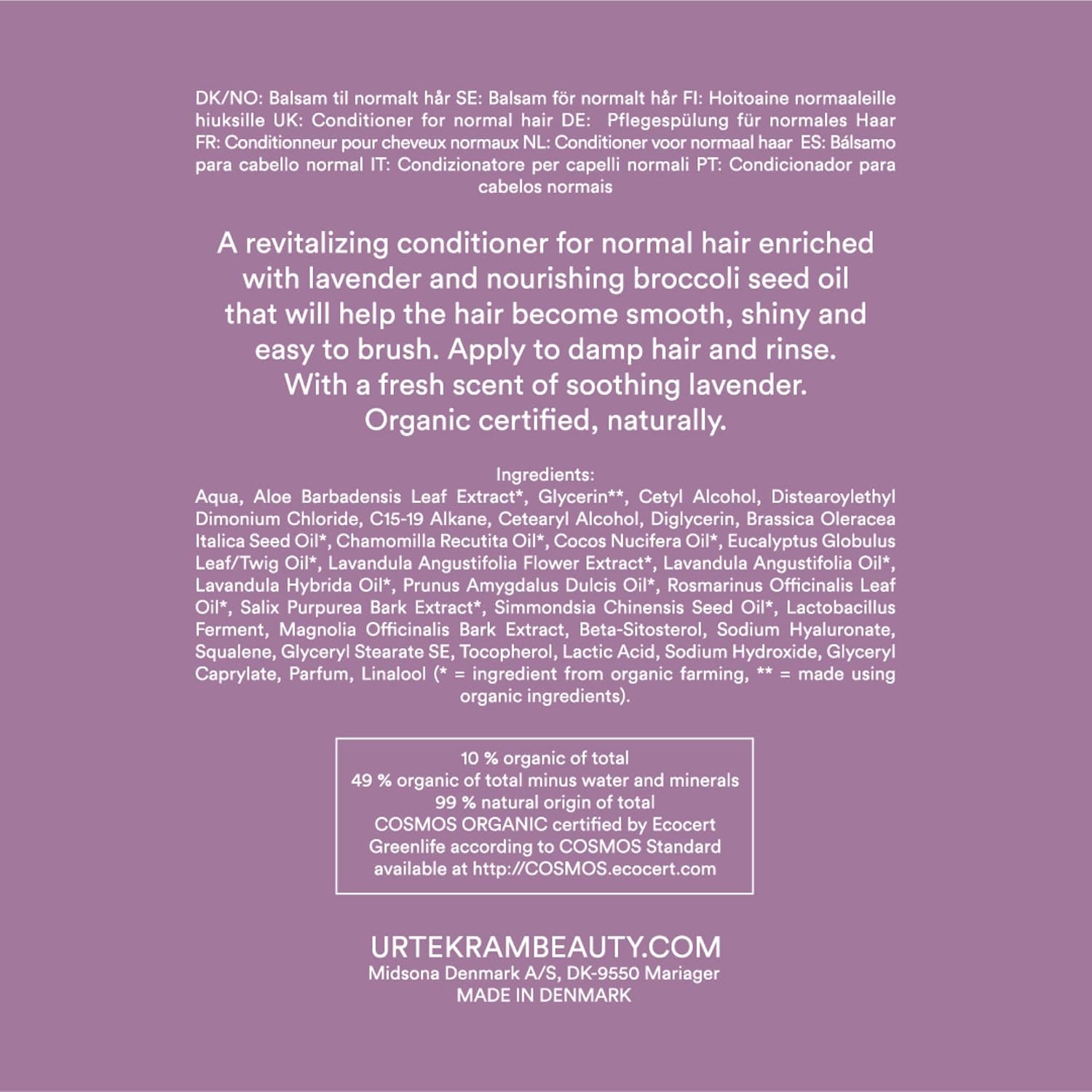 Urtekram Maximum Shine Lavender Conditioner tube, lavender scent, 180ml, ingredients