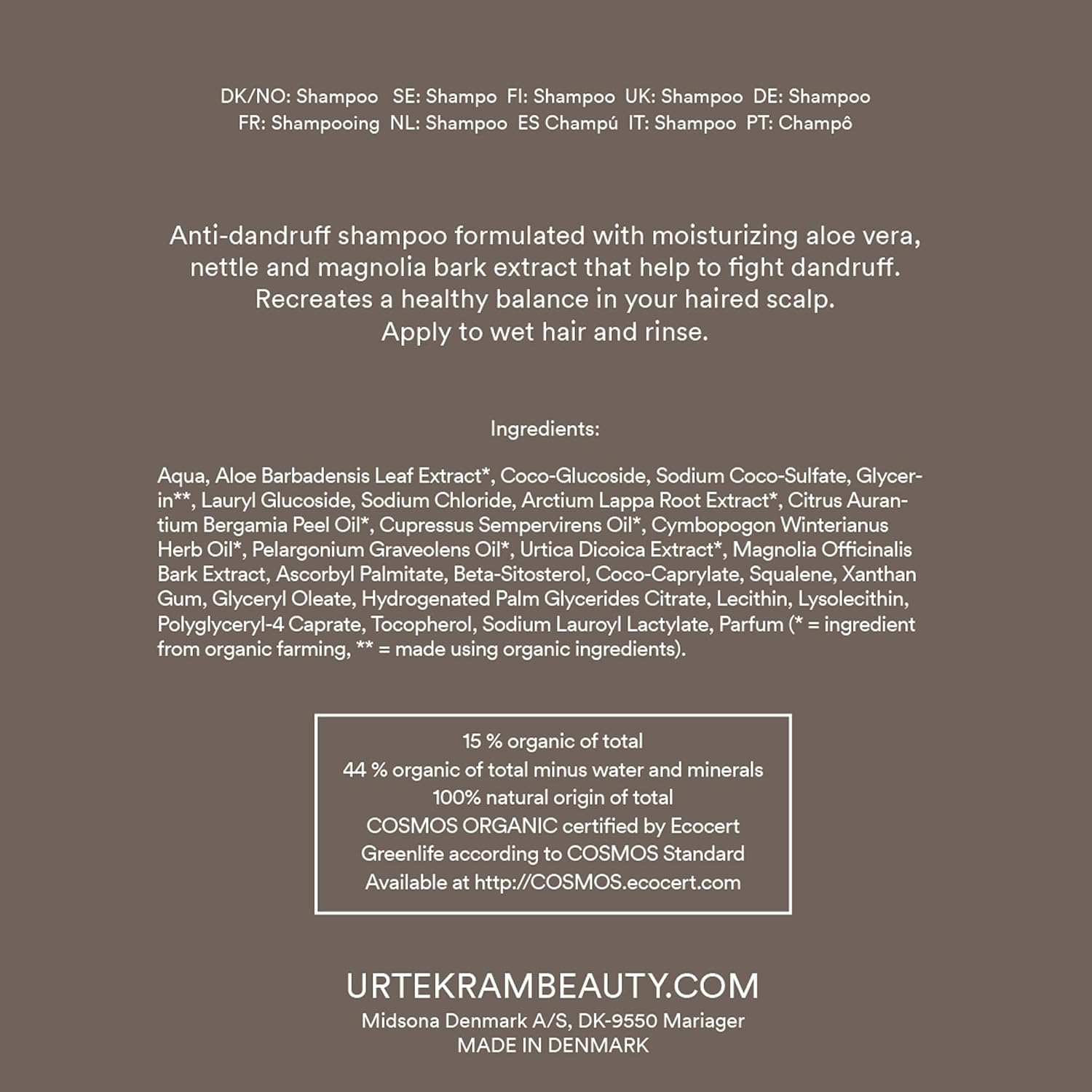Urtekram Anti-Dandruff Nettle Shampoo bottle, no flavour, 250ml, ingredients