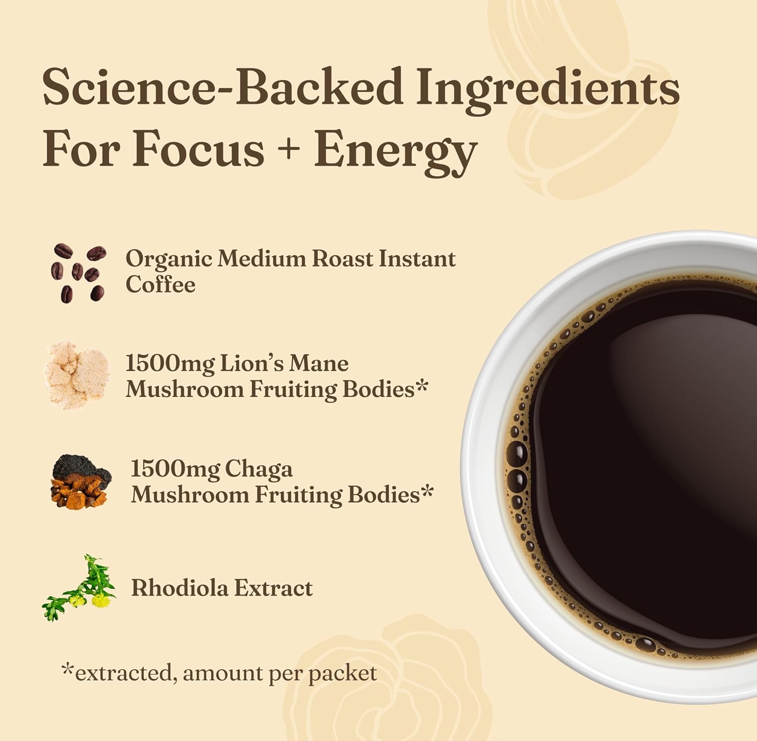 How to use
Four Sigmatic instant coffee preparation instructions sachet display on white background