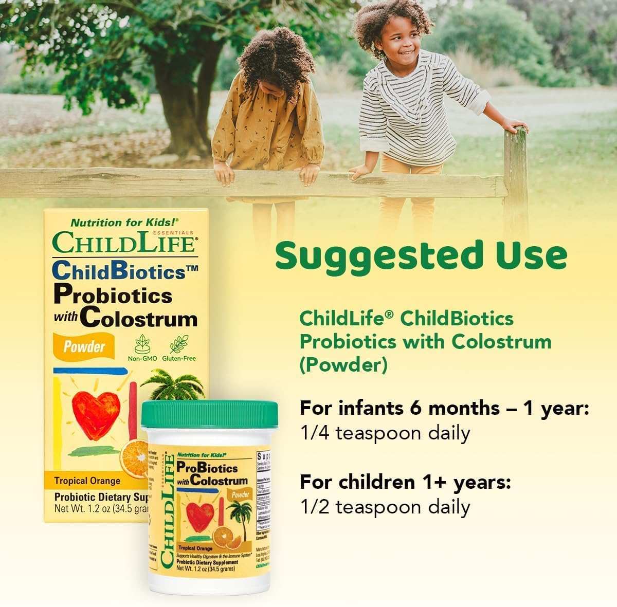 ChildLife Essentials ChildBiotics probiotic powder usage instructions kids orange 34.5g