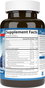 Supplement facts & ingredients image: Carlson Salmon Oil Complete omega fatty acids astaxanthin supplement facts 180 softgels