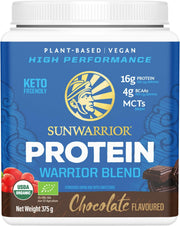 Sunwarrior Plant-Based Protein Powder tub, chocolate flavour 375g.