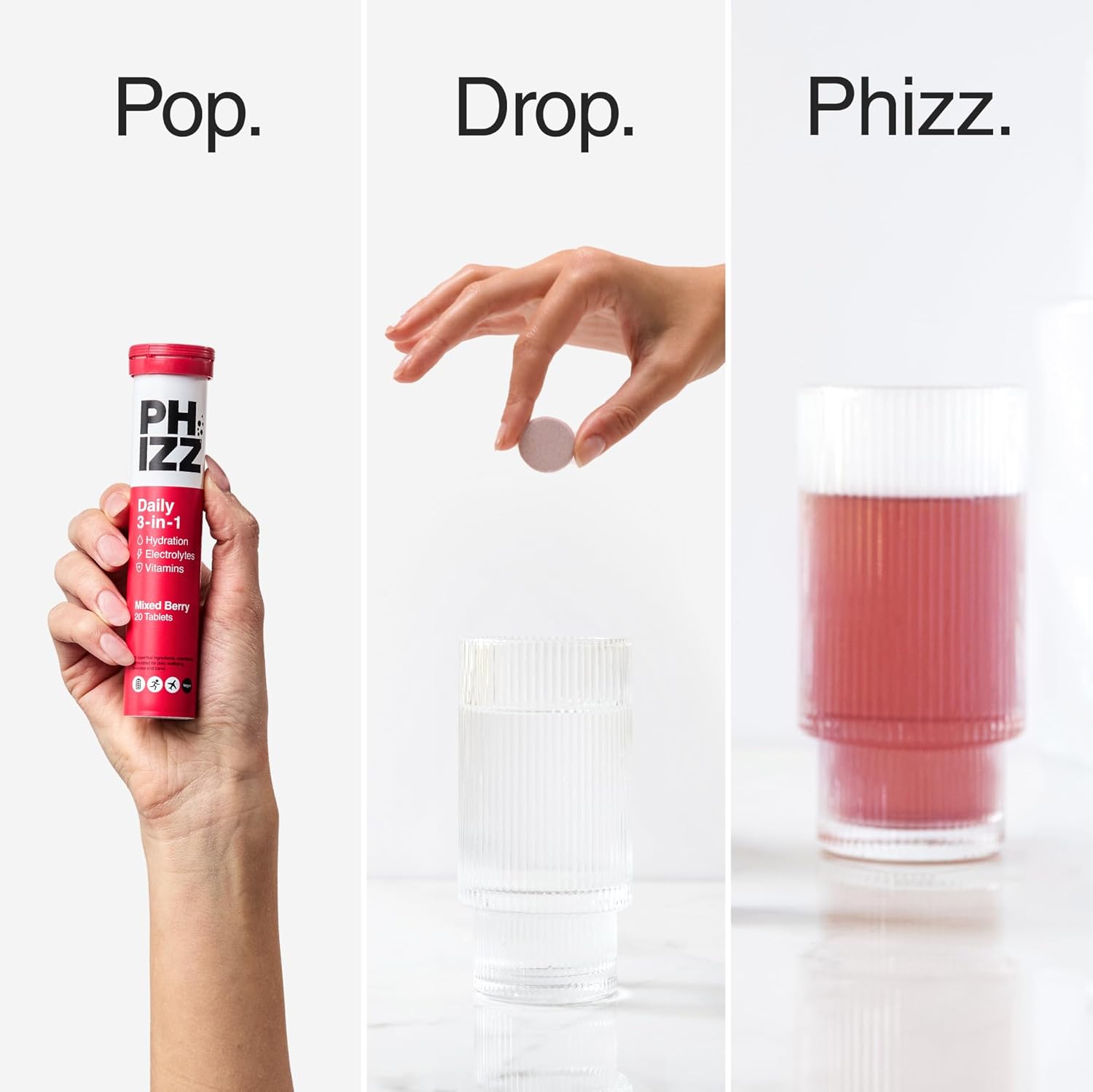 Phizz mixed berry hydration tablet dissolving in water tube 20 tablets