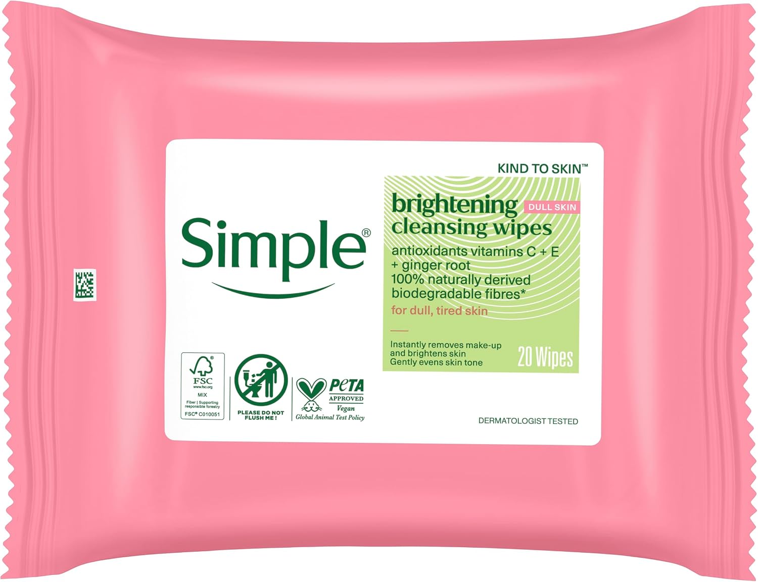 Simple Kind to Skin Brightening Cleansing Wipes, resealable pack packaging, fragrance-free, 20 wipes