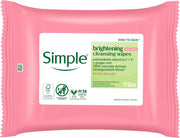 Simple Kind to Skin Brightening Cleansing Wipes, resealable pack packaging, fragrance-free, 20 wipes