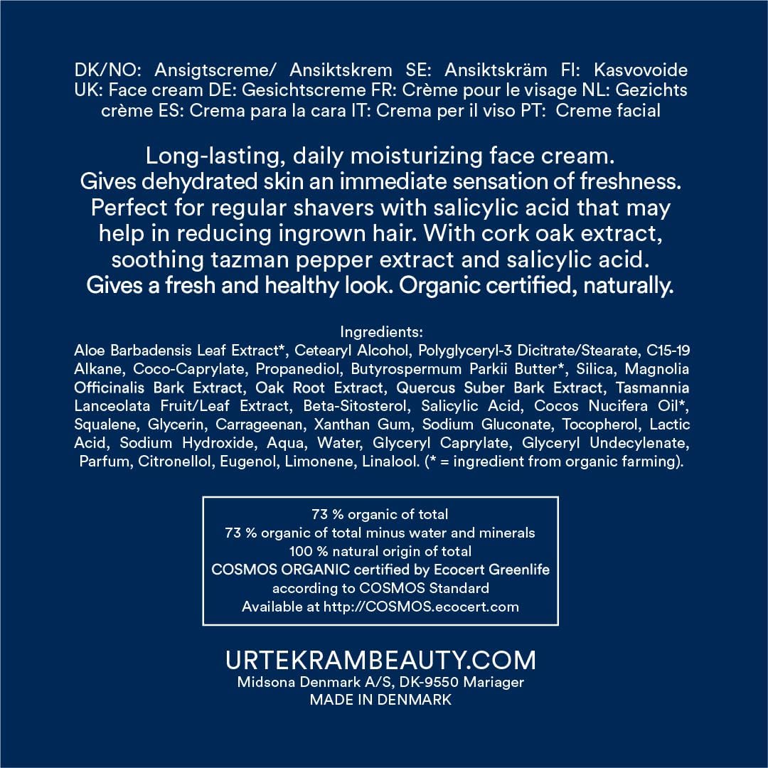 Urtekram Men Face Cream with Cork Oak and Salicylic Acid 75ml tube ingredients