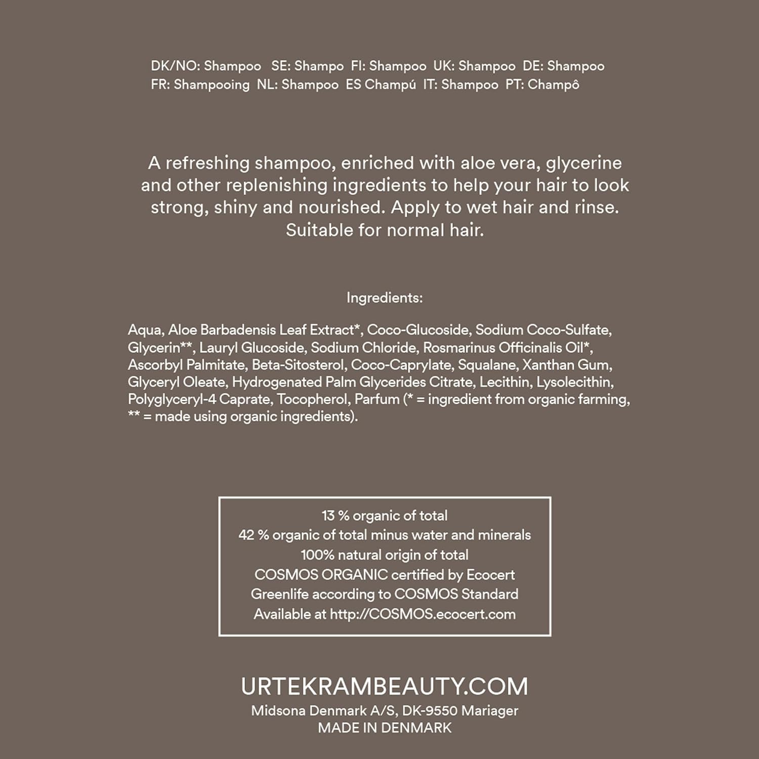 Urtekram Fine Hair Rosemary Shampoo, shampoo bottle packaging, rosemary fragrance, 250ml, ingredients information