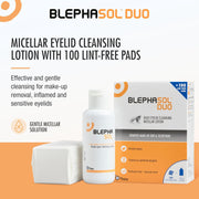 Blephasol Duo Eyelid Cleansing Lotion bottle and lint-free pads package.