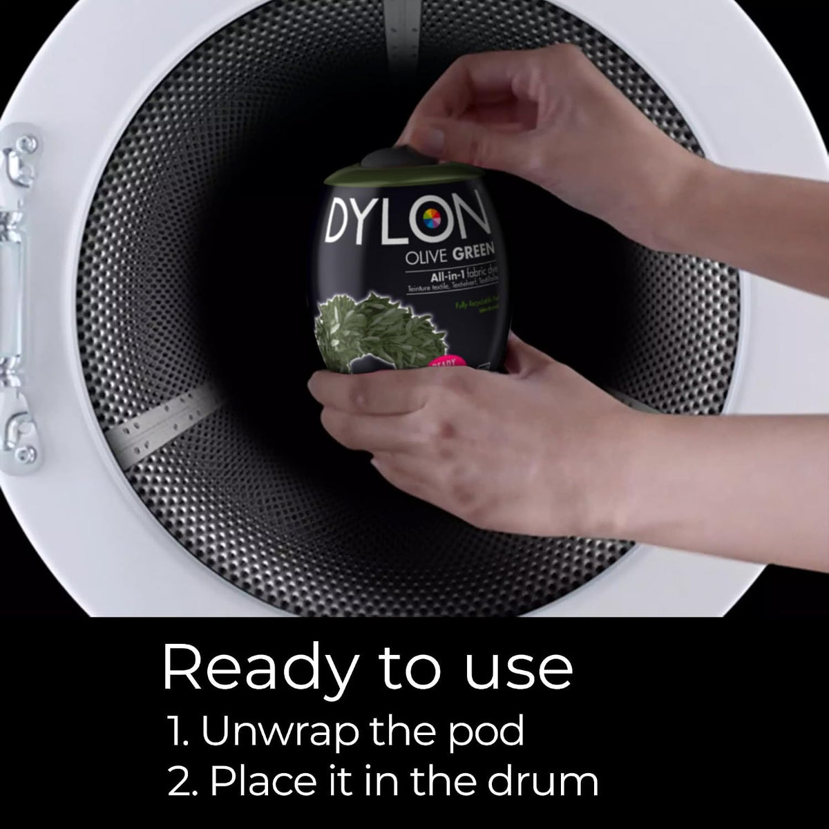 Dylon All-in-1 Washing Machine Fabric Dye Pod Olive Green 350g usage instructions packaging