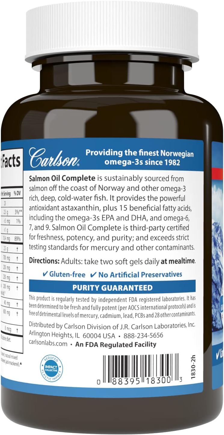How to Use: Carlson Salmon Oil Complete softgel capsules daily use omega supplement 180 count