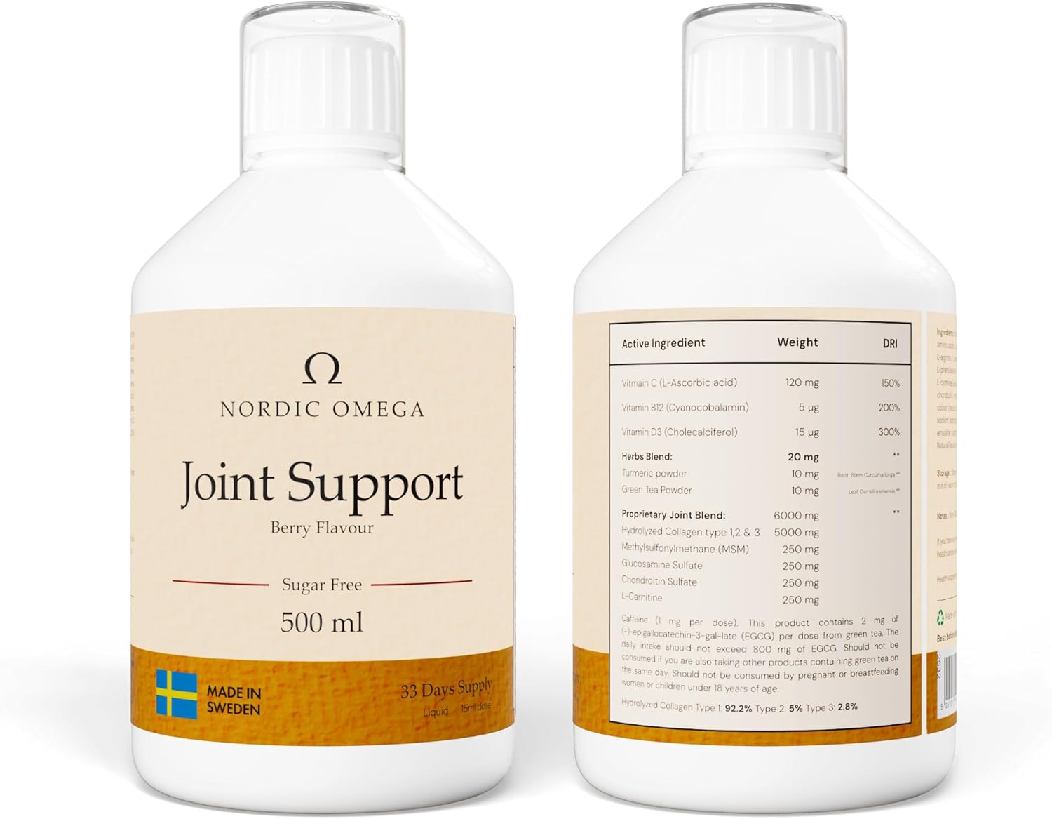 Nordic Omega Joint Support Liquid Collagen Berry 500ml front & back bottles