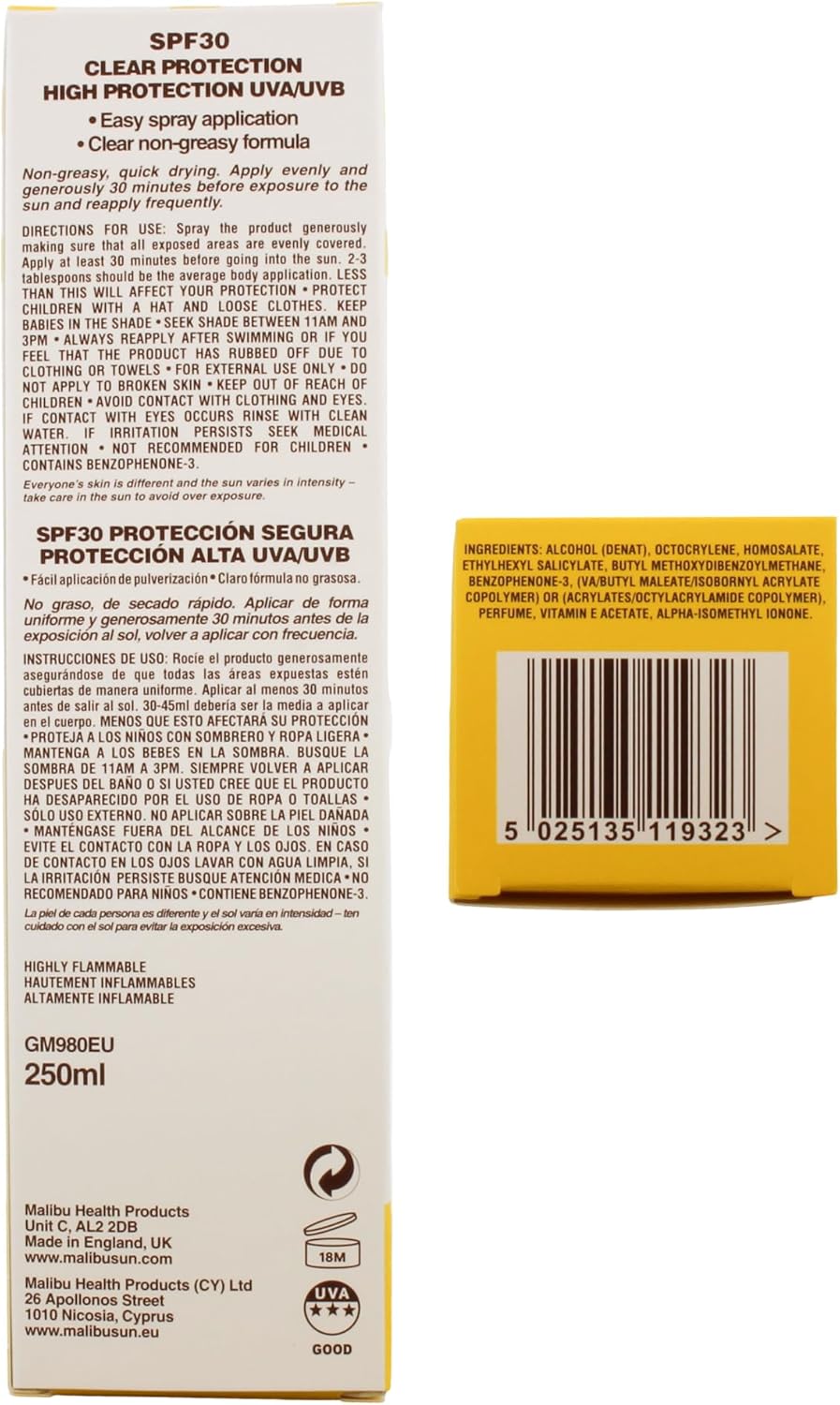 Malibu SPF30 Clear Protection Spray – 250ml Invisible, High Protection for Sun-Safe Skin