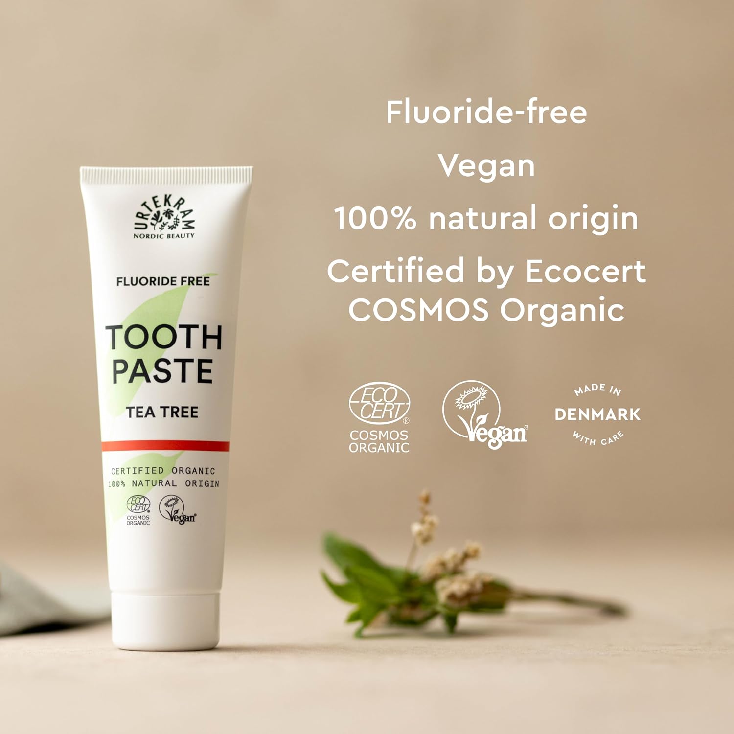 Urtekram Fluoride Free Tea Tree Toothpaste, toothpaste tube packaging, tea tree flavour, 75ml, product information