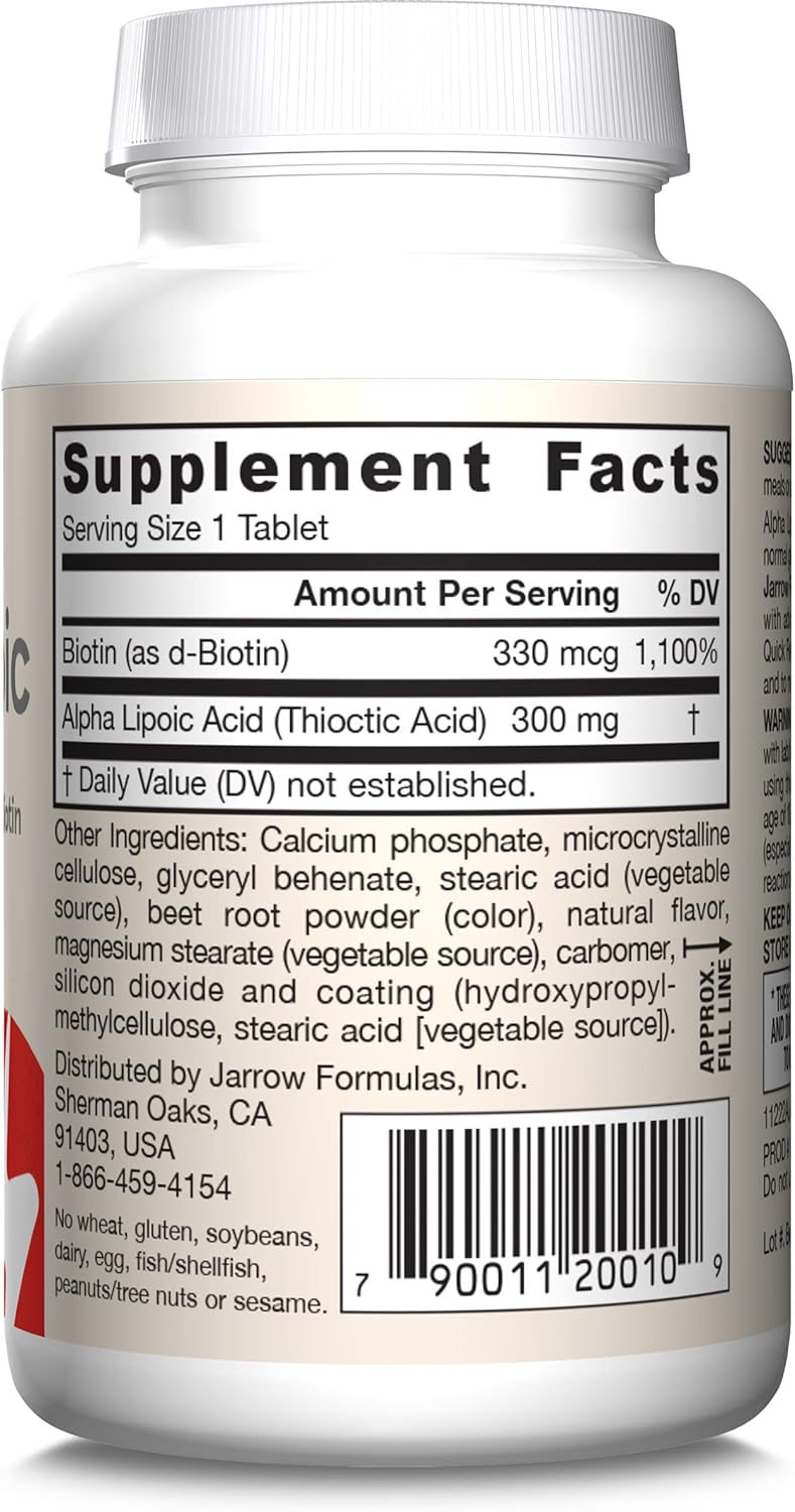 Supplement Facts & Barcode Image: Jarrow Formulas Alpha Lipoic Sustain 300mg 60 tablets supplement facts and ingredients