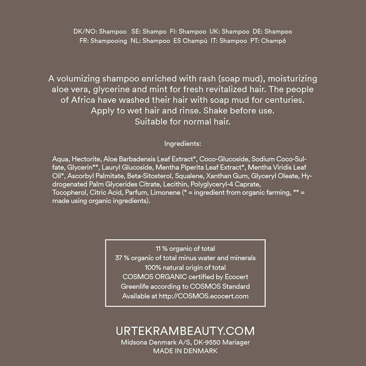 Urtekram Volume Rasul Shampoo, shampoo bottle packaging, fresh peppermint fragrance, 250ml, ingredients information