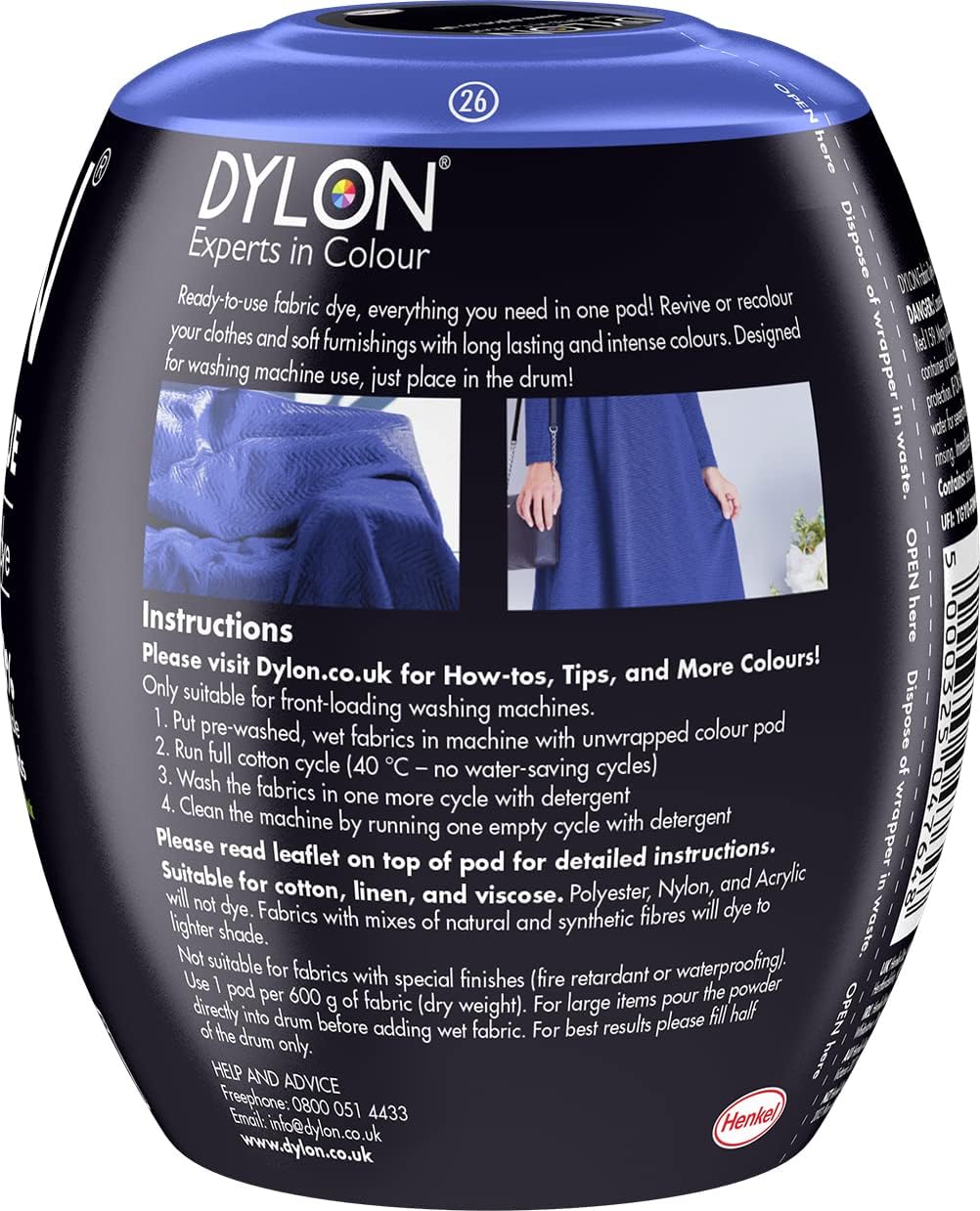 Dylon All-in-1 Washing Machine Fabric Dye Pod, Ocean Blue, 350g, product information and ingredients