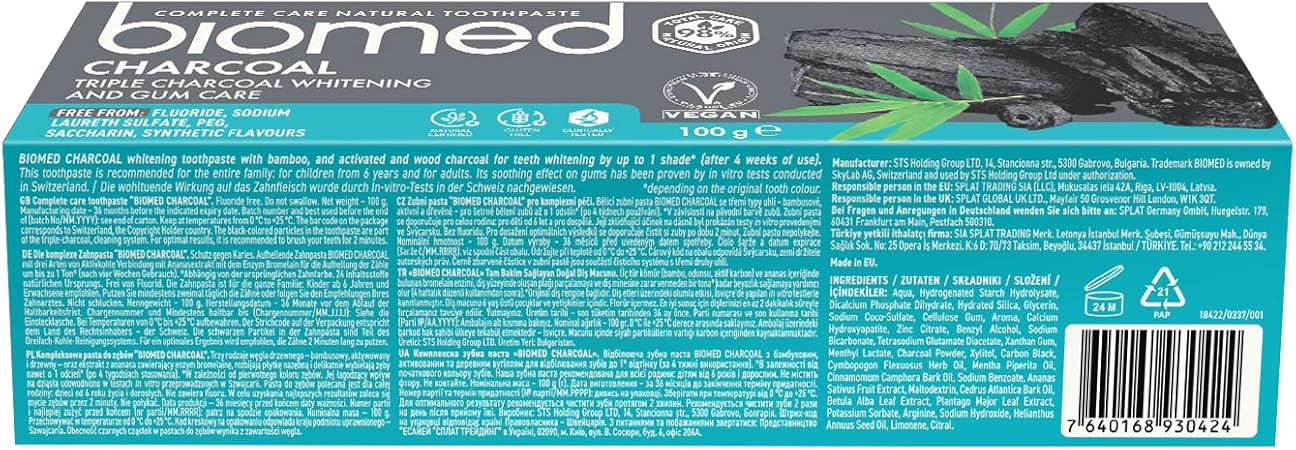 Supplement facts and ingredient list for BIOMED 98% Natural Charcoal Toothpaste.