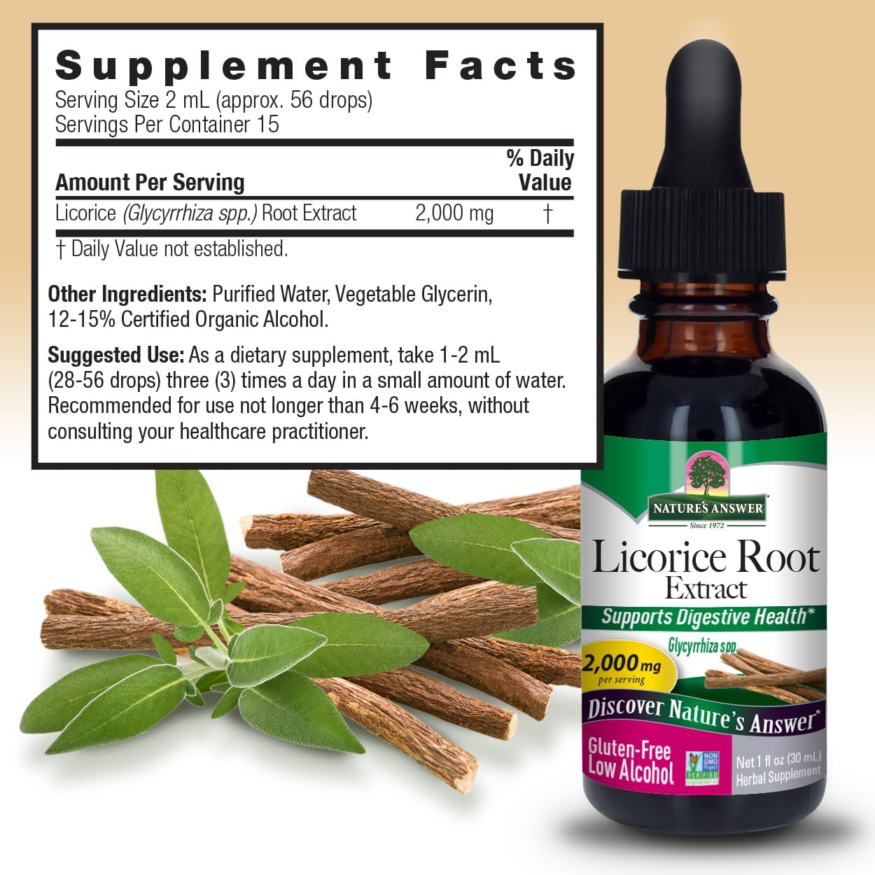 Nature’s Answer Licorice Root Liquid Extract 30ml supplement labelon a beige background