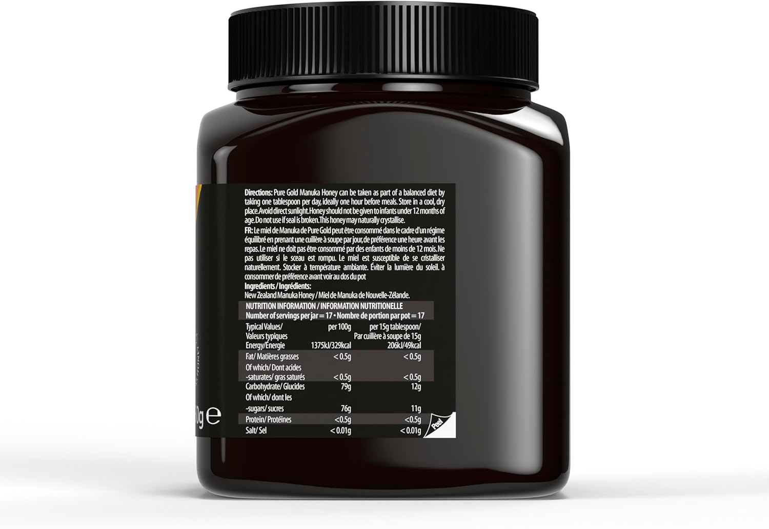 Pure Gold Manuka Honey jar, 525+ MGO, 250g. Ingredients, directions and supplement facts.
