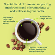 Four Sigmatic ground coffee ingredients and product information panel on packaging