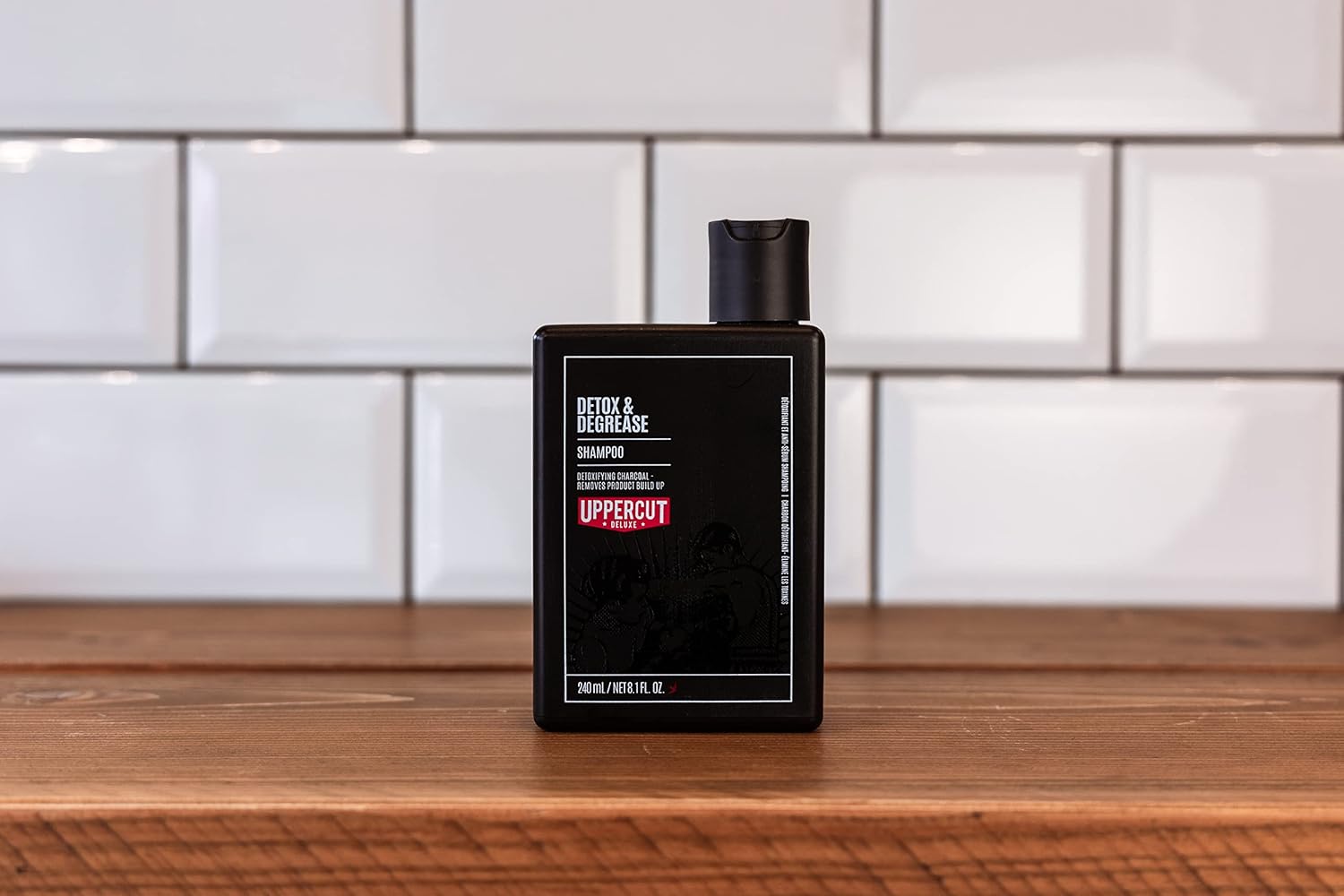 Lifestyle/use image: Uppercut Deluxe Detox and Degrease Shampoo 240ml men hair care routine