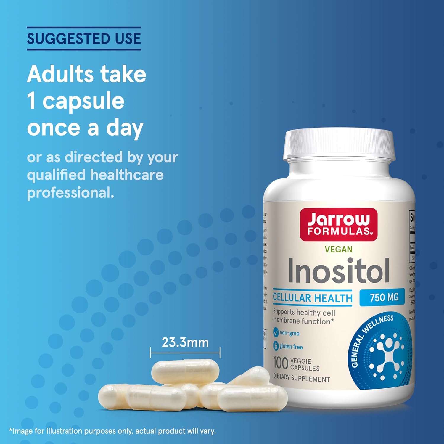 How to Use Image: Jarrow Formulas Inositol 750mg veggie capsules usage instructions 100 count