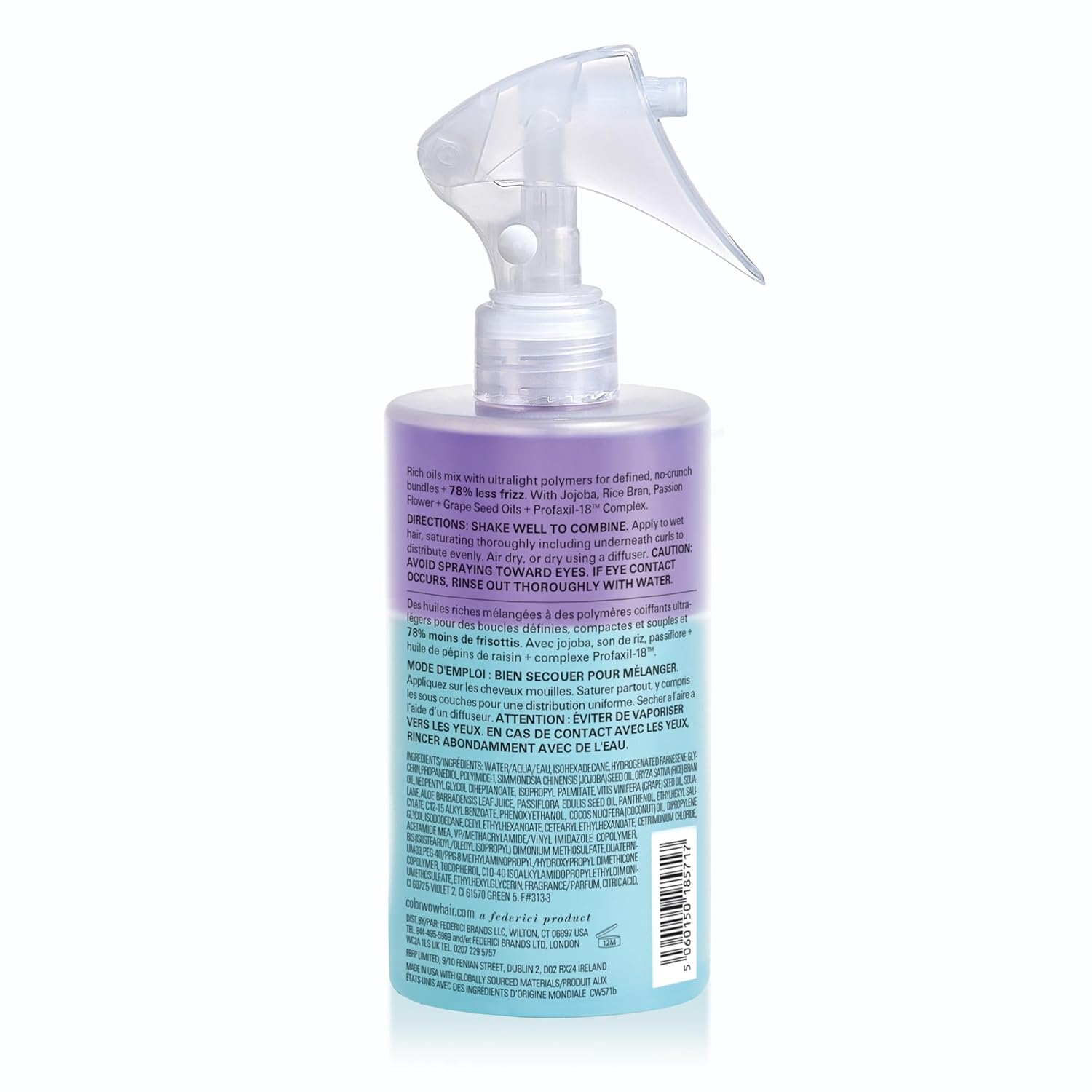 Back label of Color Wow Shook Curl Spray showing ingredients, barcode and usage.