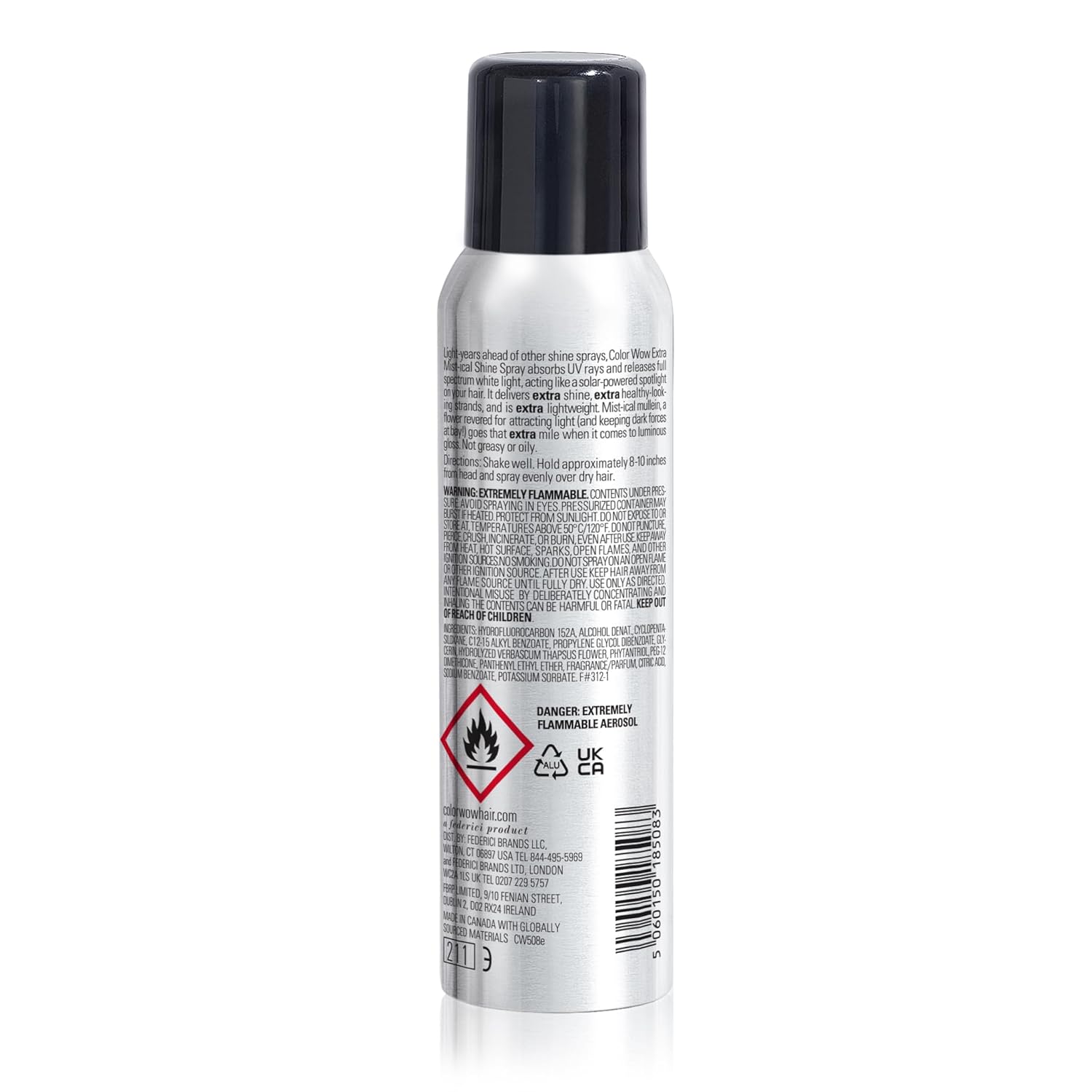 Back label of Color Wow Extra Shine Spray showing ingredients & barcode.