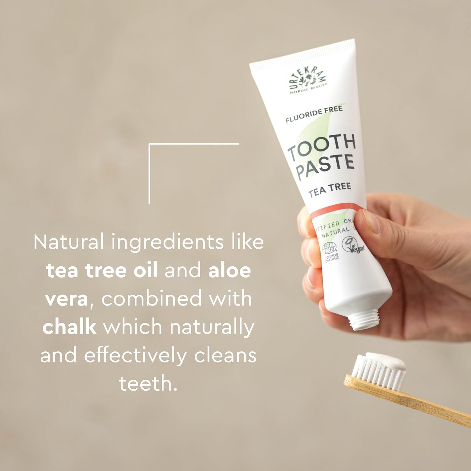 Urtekram Fluoride Free Tea Tree Toothpaste, toothpaste tube packaging, tea tree flavour, 75ml, oral care and brushing directions