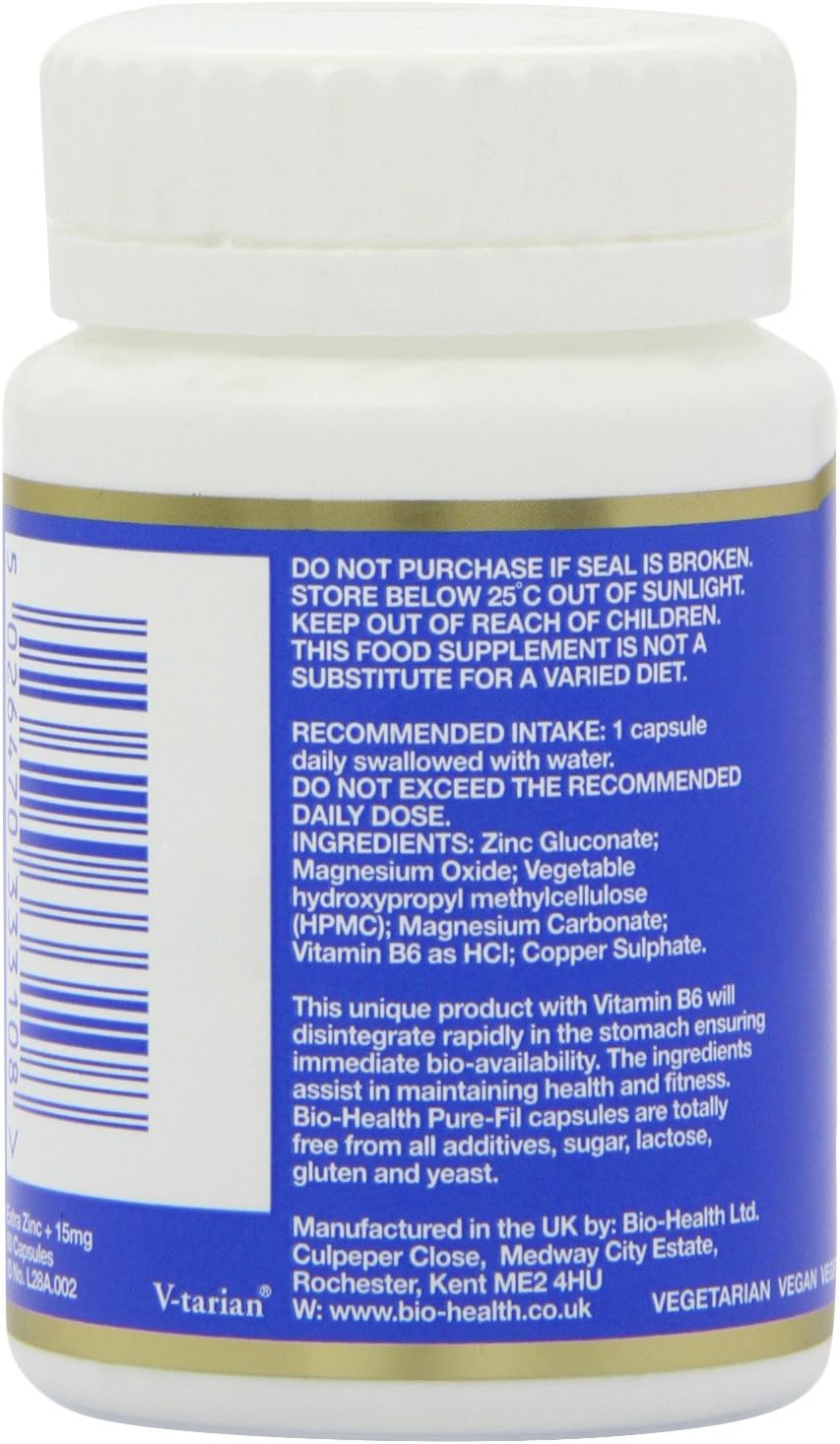 Bio-Health Extra Zinc+ supplement facts capsules 60 capsules