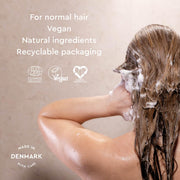 Urtekram Maximum Shine Lavender Shampoo bottle, lavender scent, 250ml, how to use