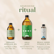 Three Fushi skincare products with descriptions on a beige background