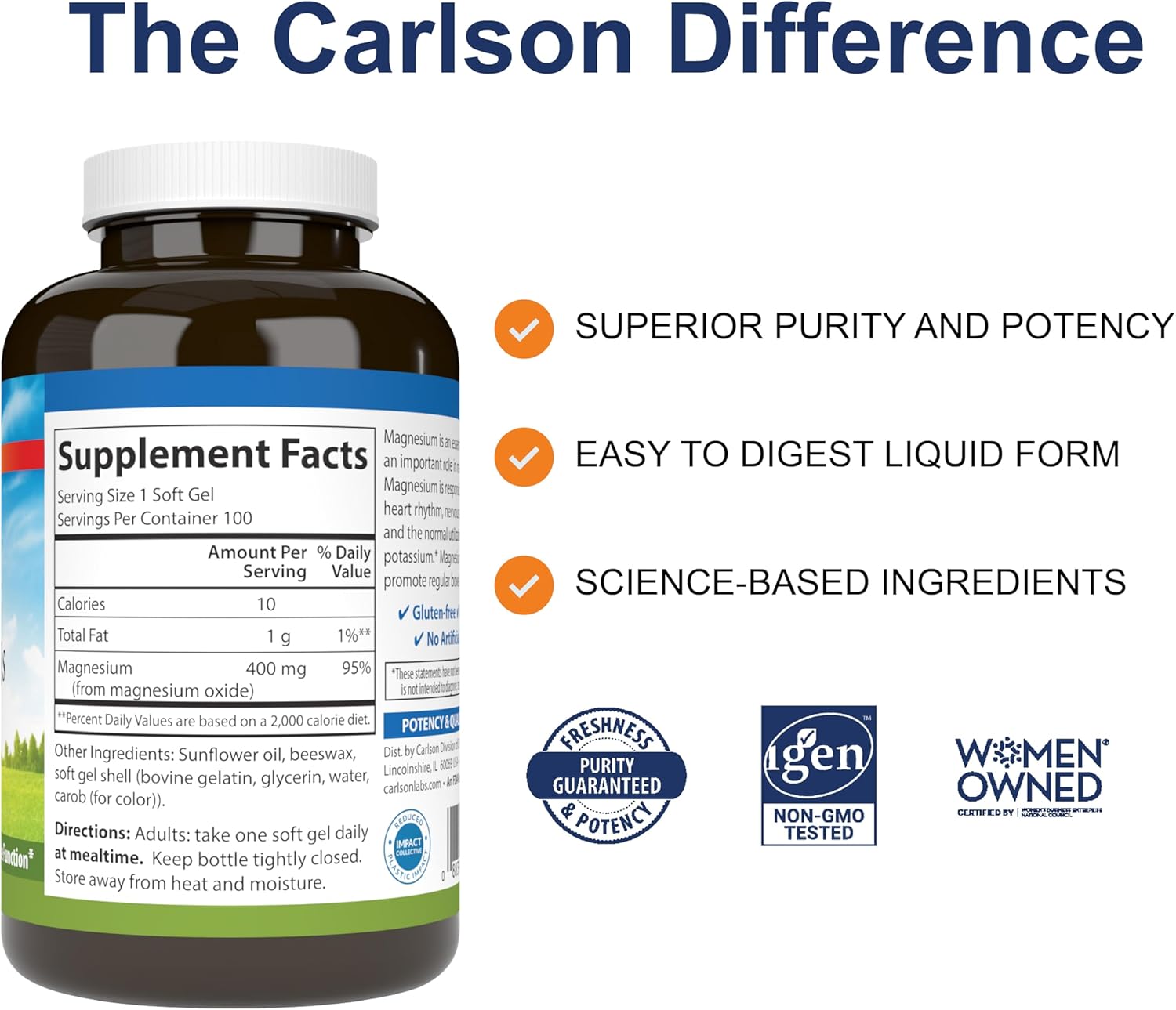 Supplement facts & ingredients image: Carlson Magnesium 400 mg supplement facts softgels bottle 100 count