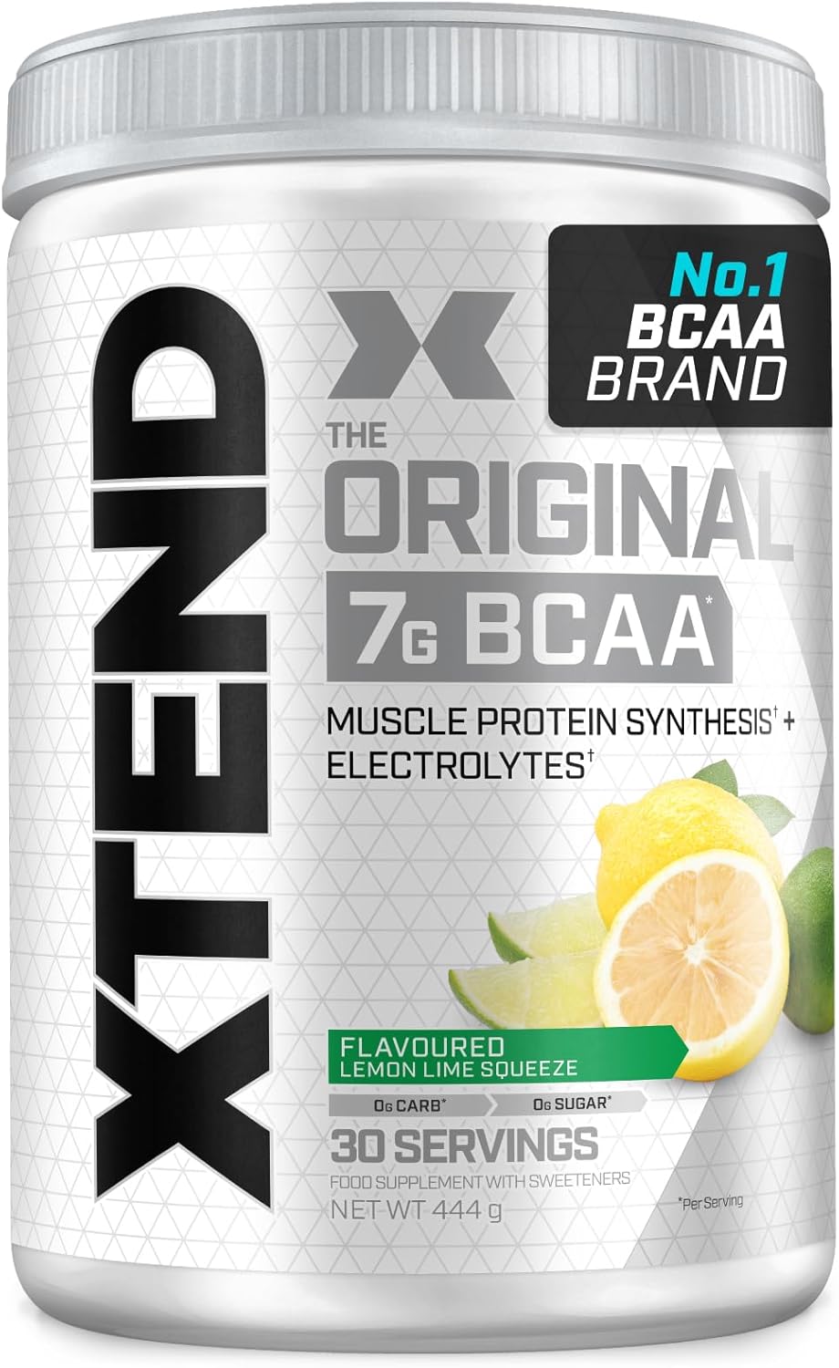Front image: XTEND Original BCAA Powder Lemon Lime tub powder 444g 30 servings