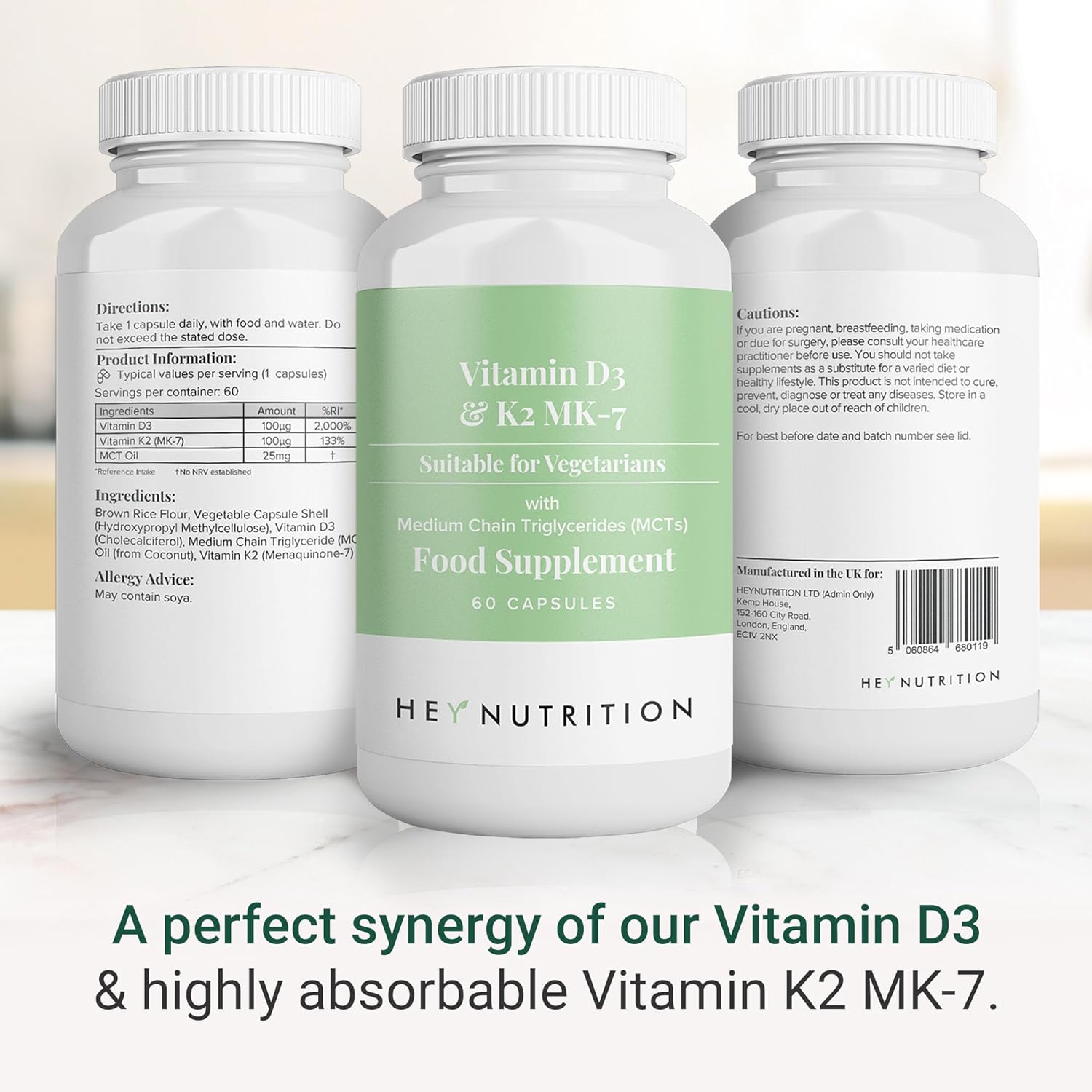 Hey Nutrition Vitamin D3 & K2 MK-7 with MCT Oil - 60 Capsules