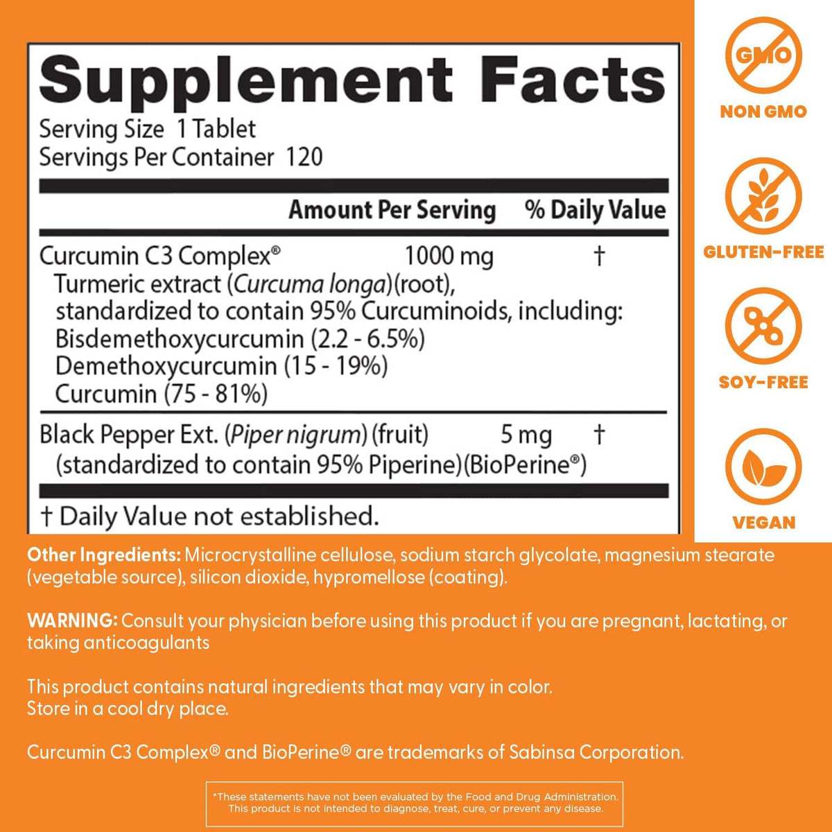 Doctor's Best High Absorption Curcumin, bottle packaging, unflavoured, 1000mg, 120 tablets, supplement facts and ingredients