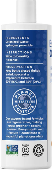 Label of Essential Oxygen Hydrogen Peroxide showing usage instructions and safety information.