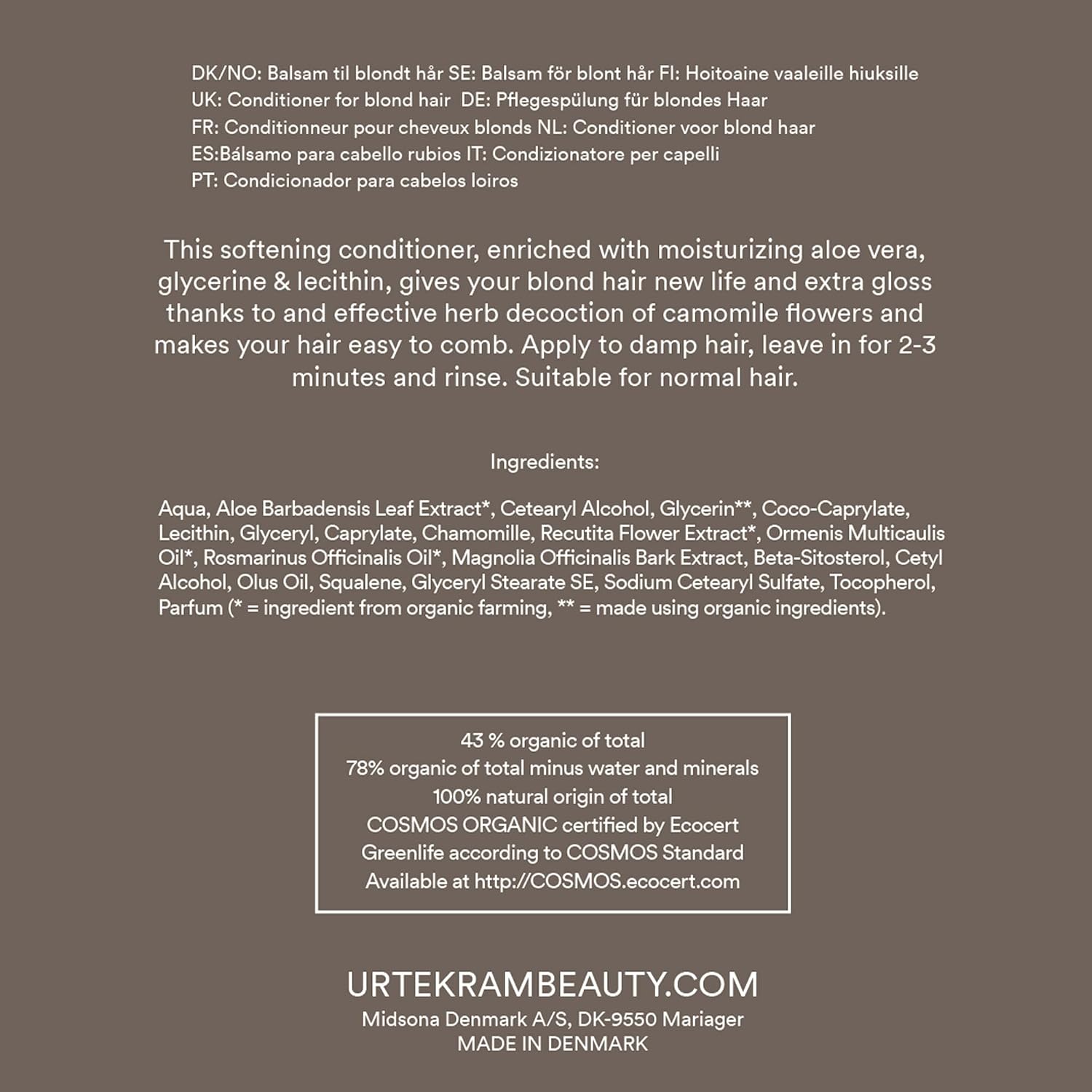 Urtekram Blond Hair Camomile Conditioner tube, no flavour, 180ml, ingredients