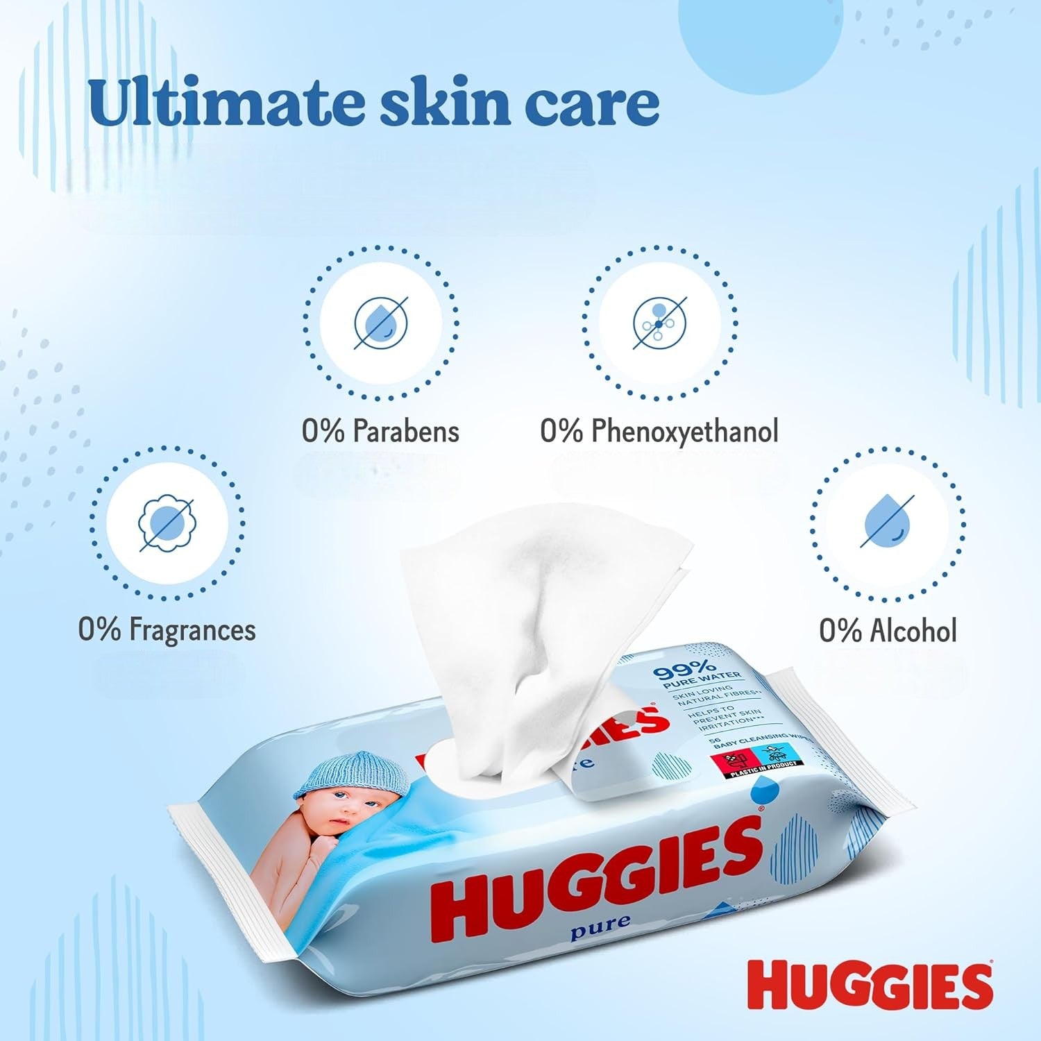 Huggies Pure baby wipes pack back label fragrance free natural fibre wipes 560 wipes 