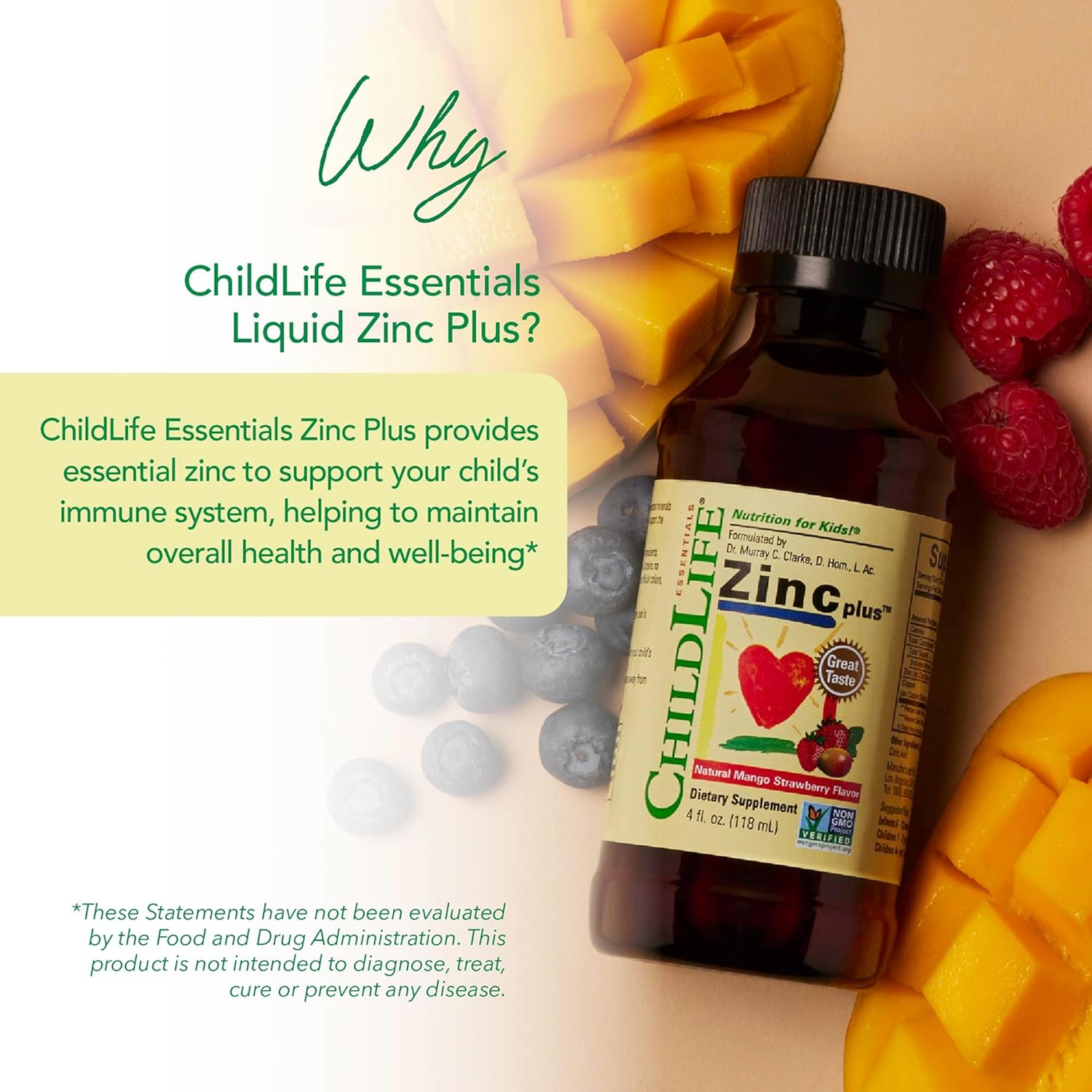 ChildLife Essentials Liquid Zinc Plus kids liquid supplement mango strawberry flavour 118ml