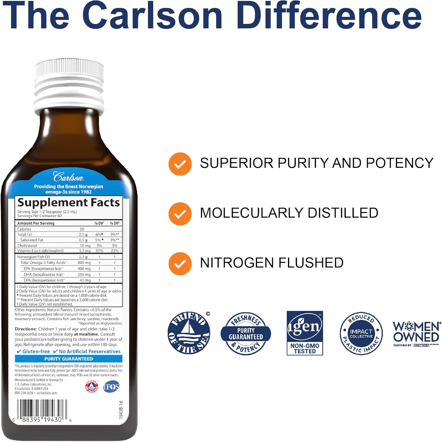 Supplement facts, ingredients & barcode image: Carlson Kids fish oil omega 3 EPA DHA supplement facts 200 ml bottle just peachie